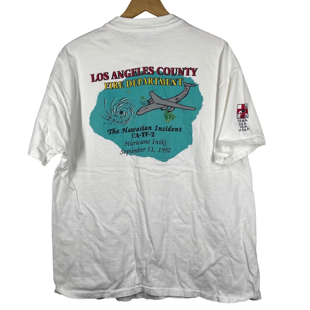 Vintage 90s LA County Fire Dept Hurricane Iniki 1992 T-Shirt Hanes Beefy XL
